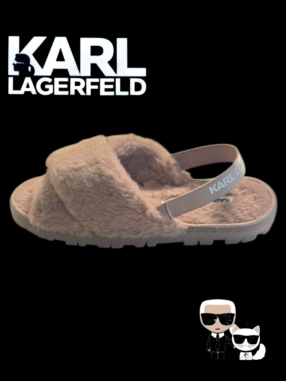 Karl Lagerfeld Size 8 Open-Toe Faux Fur Tan Slide Slingback Sandals w/ Logo NWOT
